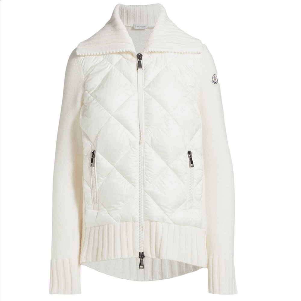 Moncler diamond quilted mixed media jacket. Ivory